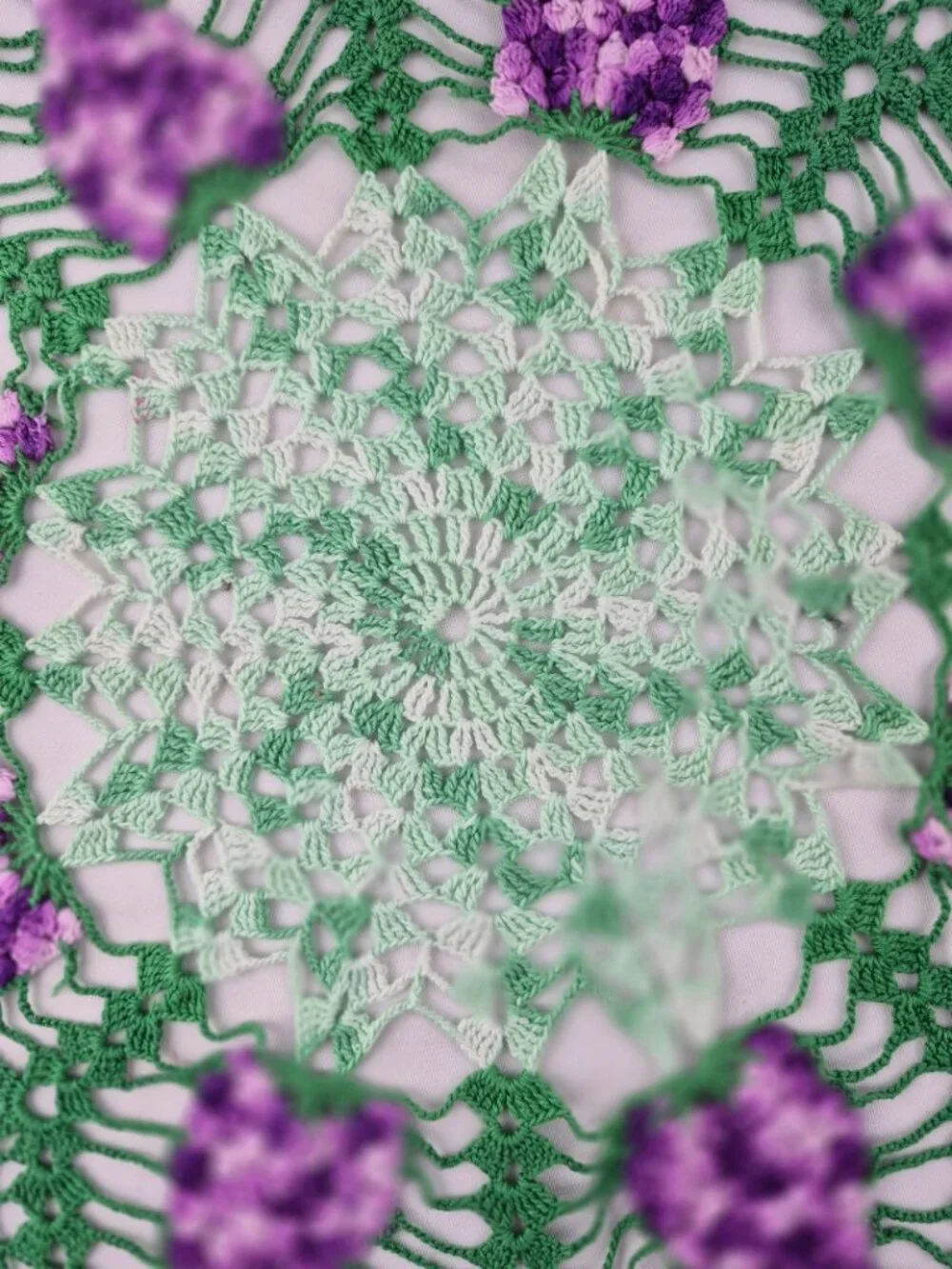 Vintage Large Crocheted Round Doily Green Leaf Raised 3D Purple Grape Clusters